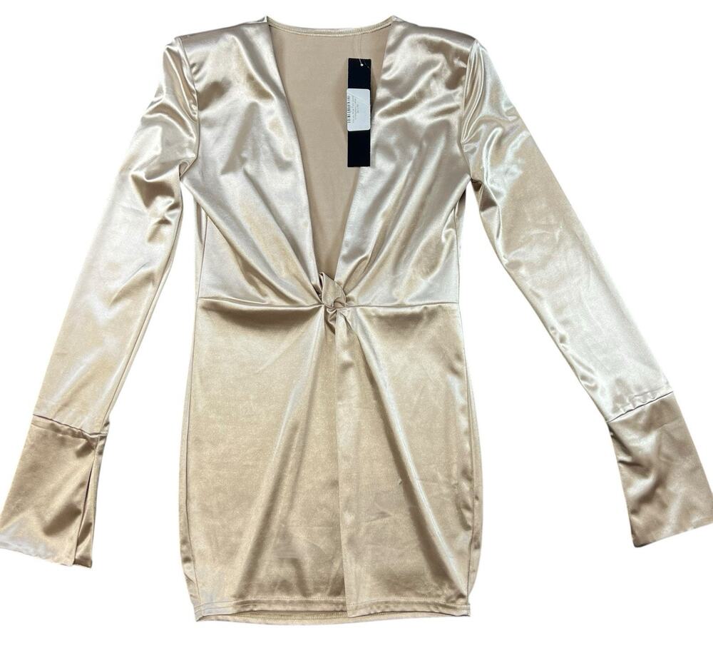 Ashlyn Champagne Satin Twist Front Mini Dress Long Sleeve Womens L NWT